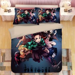 Demon Slayer Kimetsu No Yaiba Sticker Bed Linen Cartoon Anime Duvet Covers Pillowcases Kids Anime Comforter Bedding Sets Bed Set T200706