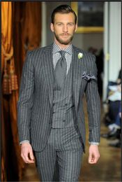 Brand New Groomsmen Notch Lapel Groom Tuxedos Grey with Stripe Men Suits Wedding/Prom/Dinner Best Man Blazer ( Jacket+Pants+Tie+Vest ) K798