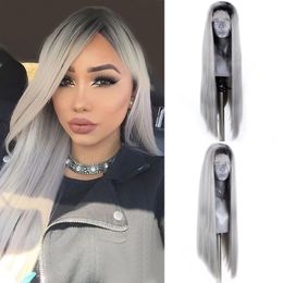 Free part Ombre Silver Grey Wig Synthetic Lace Front Wig Heat Resistant Fibre Hair Glueless Cosplay lace frontal Wigs with Black Roots