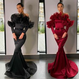 2020 New Satin Mermaid Evening Dresses Off Shoulder Ruffles Long Sleeve Elegant Prom Gowns Plus Size Special Occasion Dress