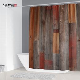 YIMING Brown 3D wood board printing shower curtain polyester anti-mildew bathroom decoration curtain waterproof belt hook200*180 T200711