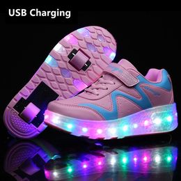 Two Wheels USB Charging Sneakers Red Led Light Roller Skate Shoes for Children Kids Led Shoes Boys Girls Shoes Light Up Unisex