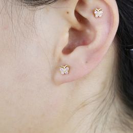 Fashion Gold Colour Micro Pave CZ Butterfly Pink Stone Stud Earring for Women 925 Sterling Silver Tiny Crystal Zirconia Jewellery Gifts
