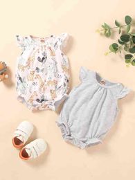 Baby 1pc Animal & Tropical Print Ruffle Sleeve Bodysuit & 1pc Solid Bodysuit SHE