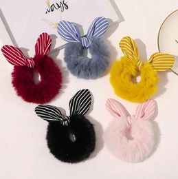 Faux Fur Rabbit Ears Hairband Striped Dot Plaid Hair Ties Cute Ponytail Holder Women Hairband Fashion Girls Hair Accessories BT6073