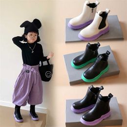 Girls Colour Bottom Martin Boots Autumn Children British Style Short Boys Candy Thick-soled Leather Shoes 211227