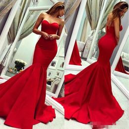 Mermaid Red Evening Dresses Sweetheart Neckline Sweep Train Zipper Back Custom Made Simple Plus Size Satin Prom Party Ball Gown