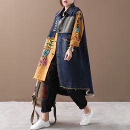 Autumn Fashion Jean Coat For Women Large Size Long Sleeve Ripped Patchwork Vintage Print Oversize Loose Office Lady Denim Trench T200828