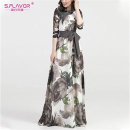 S.FLAVOR Bohemian Style Women Slim Print Long Dress Autumn Winter O Neck 3/4 Sleeve Waist Vintage Dress Elegant Party Vestidos 201028