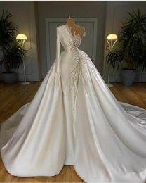 Ball Gown Wedding Dresses Pearls Beadings One Shoulder Satin Long Sleeves Overskirts Detachable Train Mermaid Plus Size Bridal Gowns