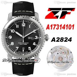 ZF 41mm A17314101 ETA A2824 Automatic Mens Watch Steel Case Black Dial White Number Markers Black Leather With White Line Puretime PTBL A01