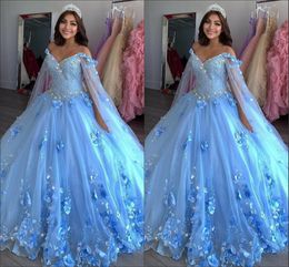Light Blue New Sweet 16 Dresses Ball Gowns Hand Made Flowers Beaded Applique Vestidos De Quinceanera Dress With Wraps Prom Pageant286x