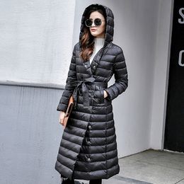 New Winter Women Fashion Long White Duck Down Jacket Female Warm Slim Portable Lightweight Coat Ultra Light Jacket With Hooded 201103