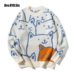 Cute Cartoon Cat Sweater for Women O-neck Knitted Men's Autumn Winter Loose Fit Couple Pullovers Lady Knit Coat 211221