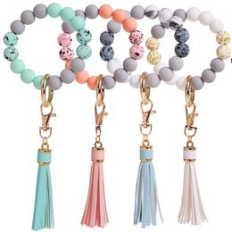 8 Colours Silicone Beaded Keyring Party Bangle Keychain Camouflage Bead Bracelet Key Ring Suede Tassel Crafts Decoration Happy RRF13458