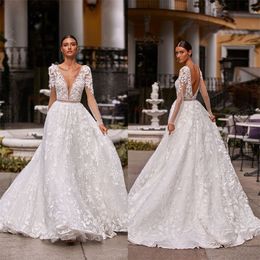 Pearls Design A-line Wedding Dresses Sexy Backless Lace Applique Bridal Gowns Long Sleeves Custom Made Vestidos De Novia