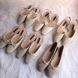 Slippers Summer Single Shoes 6-style Woman Cane Weave Breathable Straw Mules Moccasins Bow Slip-on Flats Sandals Women Flip Flop