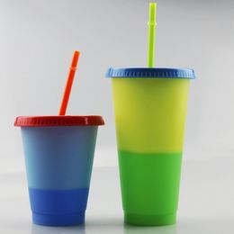 Color Changing Cup 16oz Sippy Cup Magic Plastic Drinking Tumbler with Straw 5 Colors Per Set Coffee Mug Water Bottle Fast Shipping A02