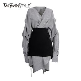 TWOTWINSTYLE Casual Black Two Piece Set Women V Neck Long Sleeve Houndstooth Dress High Waist Mini Skirts Slim Women's Suit 220302