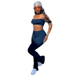 Off Shoulder Two Piece Set Solid Crop Top Split Stacked Sweatpants Plus Size Women Clothing Club Outfits Summer Sexy