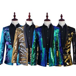 Men Stylish Gold Colourized Double-Color Sequins Blazer Nightclub Stage Singer Costume Wedding Groom Suit Jacket 4 Colours 201106