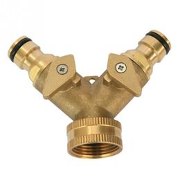 Gardening Irrigation Tool 3/4 Inch 2 Way Splitter Brass Water Hose Tap Quick Connector with Valve Y200106