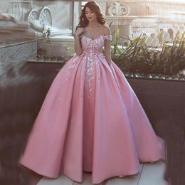 Pink Beaded Prom Dresses Off The Shoulder Satin Appliqued Evening Ball Gowns Plus Size Floor Length Tulle Formal Dress 328 328