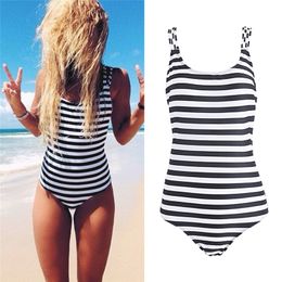 One Piece Swimsuit Women's Striped Swimsuit Navy Swimwear Suit for Women Monokini Quilted Sexy Strappys No-Back Swimsuit T200708