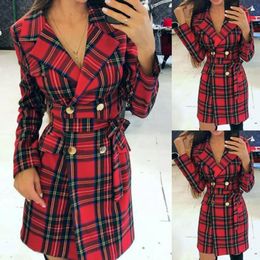 Vintage Red Cheque Women's Suits Double Breasted Retro Blazer Dress In Stock High Quality Club Daily Casual Coat 1 Piece