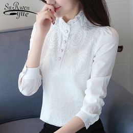 Fashion plus size women blouses stand neck white office blouse women lace chiffon blouse shirt long sleeve women shirts 2678 50 201130