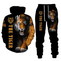 2022 The Tiger 3D Printed Men's Hooded Sweatshirt Set Pants Men's Sportswear Tracksuit Long Sleeve Men's Clothing Suit