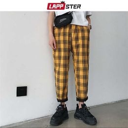 LAPPSTER Streetwear Yellow Plaid Pants Men Joggers Man Casual Straight Harem Korean Hip Hop Track Plus Size 220122