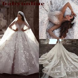 -Glamouröse Luxus Dubai Arabisch Neue Spitze Ballkleider Brautkleider Lange Ärmel 3D Blumen Perlen Hochzeitskleid Brautkleider BC0151