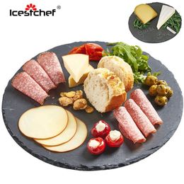 ICESTCHEF Round Natural Black Slate Western Steak Plates Slate Dinner Plate Kitchen Cheese Pizza Flat Fruit Tray 201217