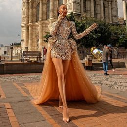 Elegant Evening Dresses High Neck Long Sleeves Crystal Beading A Line Prom Gowns Custom Made Detachable Train Special Occasion Dress