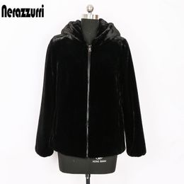 Nerazzurri winter faux fur jacket women with hood long sleeve zipper Warm fluffy fake fur jackets for women Rex rabbit fur coat 201110