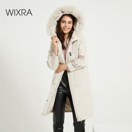 Wixra Coats Womens Thick Warm Winter Outwear White Duck Down Horn Button Long Jackets Fox Fur Hooded Parkas Snow Coats 201019