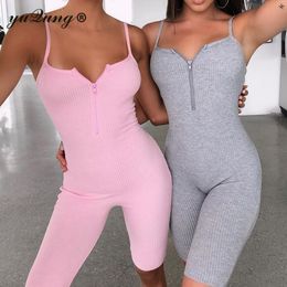 yuqung Women Knit Ribbed Bodycon Playsuit Short Jumpsuit Sport Overall for Women Summer Strap Zipper Rompers Combinaison T200616