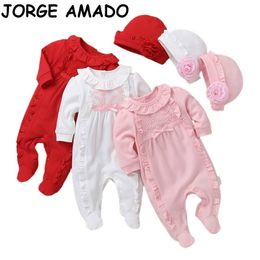 Baby Girl Footies Romper Ruffled Collar Long Sleeve Christmas Romper Cotton Romper with Cap Newborn Baby Clothes 0-1Y E2400 201027