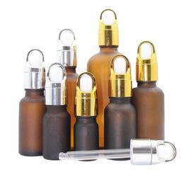 Frost Brown Glass Essential Oil Bottle Gold Silver Basket Lid White Rubber Dropper Filling Vials Cosmetic Packaging Container 5ml 10ml 15ml 20ml 30ml 50ml 100ml