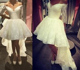 New A Line High Low Wedding Dresses Sexy Off The Shoulder Lace Short Modest Wedding Bridal Gowns With Sleeves Robe De L85