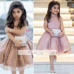 Dusty Pink Ball Kleid Girls Festzug hoher Nackenperlen Spitzen Blumenmädchen Kleider Knie Länge Kinder tragen Geburtstagsfeier Kommunion Kleid 403