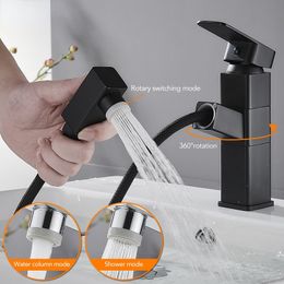 Pull Out Bathroom Basin Sink Faucet Hot Cold Water Mixer Tap Black Faucets Crane with Spray Tall Bathroom Faucet ELM1034
