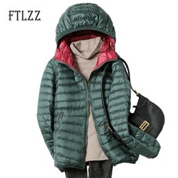 New Women Short Coat Hooded Zipper Lightweight Down Plus Size Puffer Jacket Ladies Casual Both Sides Wear White Duck Down Parka 201125