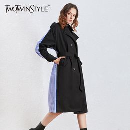 TWOTWINSTYLE Elegant Striped Hit Color Women Wind Coat Lapel Collar Long Sleeve High Waist Lace Up Dresses Jackets Clothing 201031