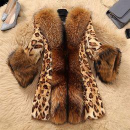 Winter Faux Fur Womens Leopard print coat Plus Size Raccoon Dog Fur Warm Women luxury coats Women loose long sleeve Elegant coat 201210