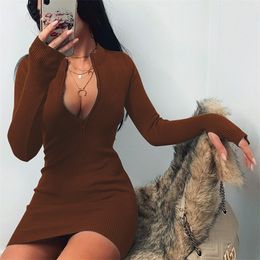 women spring bodycon ribbed dress 2021 new stand collar zipper deep vneck solid stretch bodycon pencil party mini vestido 011903