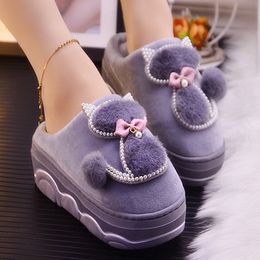 Platform Slippers women Fashion Home goods cosiness CuteWarm Animal plush slippers indoor shoes Bow-knot Cat Winter 2020 X1020