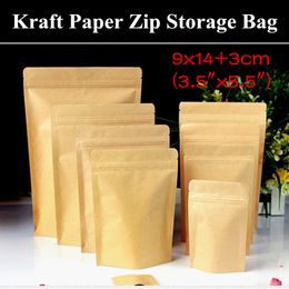 100pcs 9x14+3cm (3.5"x5.5") 280micron Stand up Kraft Paper Ziplock Storage Bag Doypack Food Grade Self-sealed Zip Pouch