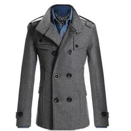 Men's Wool & Blends England Vintage Coat For Men Slim Jacket Outerwear Double Breasted Cotton Trench Winter Thick Overcoat